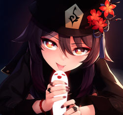 Rule 34 | 1girl, :p, black hat, black nails, blush, brown hair, censored, commentary, eyes visible through hair, fingernails, flower, flower-shaped pupils, genshin impact, hair between eyes, hat, hat flower, hu tao (genshin impact), implied fellatio, jewelry, long hair, long sleeves, looking at viewer, nail polish, orange eyes, plum blossoms, ricegnat, ring, smile, solo, symbol-only commentary, symbol-shaped pupils, tongue, tongue out, upper body