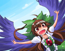 Rule 34 | 1girl, bird wings, blue sky, bow, brown hair, cloud, collarbone, day, hair bow, long hair, open mouth, outstretched arms, pink eyes, puffy sleeves, reiuji utsuho, shinapuu, shirt, short sleeves, skirt, sky, smile, solo, third eye, touhou, very long hair, wings