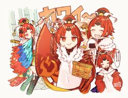 Rule 34 | 1girl, :&gt;, :d, ^ ^, animal, arm up, bamboo, benienma (fate), benienma (third ascension) (fate), bird, blush, brown eyes, brown hair, brown hat, brown kimono, closed eyes, closed mouth, commentary request, fate/grand order, fate (series), food, hat, highres, holding, holding food, japanese clothes, kimono, long sleeves, looking at viewer, multiple views, onigiri, open mouth, red hair, red hat, smile, sofra, translation request, wide sleeves
