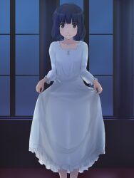 Rule 34 | 1girl, black eyes, black hair, closed mouth, collarbone, commentary, dress, highres, kimi kiss, long dress, long sleeves, looking at viewer, see-through, see-through dress, see-through silhouette, shijou mitsuki, short hair, skirt hold, solo, standing, takenoko saba otto, white dress, window