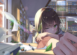 Rule 34 | 1girl, book, bookshelf, brown hair, brown shirt, candy wrapper, commentary request, day, green eyes, green hair, indoors, long hair, long sleeves, looking at viewer, low ponytail, miko fly, multicolored hair, one eye closed, open window, original, paper, pencil, ponytail, railing, ribbon-trimmed sleeves, ribbon trim, shirt, solo, two-tone hair, wind, window