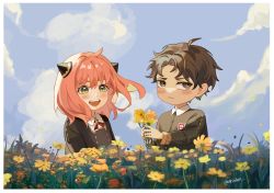 Rule 34 | 1boy, 1girl, ahoge, anya (spy x family), atsuboo (artist), blue sky, buttons, child, collared shirt, damian desmond, eden academy school uniform, eyelashes, field, flower, flower field, giving, gold trim, green eyes, hairpods, happy, highres, horn ornament, horns, neck ribbon, outdoors, pink hair, red ribbon, ribbon, school uniform, shirt, short hair, sky, spy x family, teeth, twitter username, upper teeth only, white shirt, wing collar, yellow flower