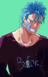 Rule 34 | 1boy, arrancar, bleach, blue background, blue eyes, blue hair, braised goose, broken mask, clothes writing, collarbone, dog tags, facial mark, grimmjow jaegerjaquez, hair between eyes, highres, looking at viewer, male focus, mask, purple shirt, shirt, smile, solo, teeth, upper body
