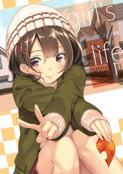 Rule 34 | 1girl, autumn leaves, bare tree, beanie, blush, brown hair, closed mouth, english text, hair between eyes, hair ornament, hairclip, hat, holding, holding leaf, house, jacket, kinugasa yuuichi, leaf, looking away, looking to the side, original, outdoors, red eyes, ribbed sweater, short hair, sitting, sky, smile, solo, sweater, text focus, tree, turtleneck, v, x hair ornament