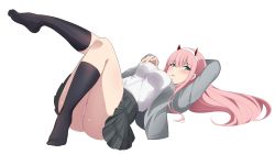 Rule 34 | 1girl, absurdres, arm behind head, ass, bad id, bad pixiv id, black skirt, blazer, blush, breasts, darling in the franxx, full body, green eyes, grey jacket, hairband, hand on own chest, highres, horns, jacket, kneehighs, leg up, lizta, long hair, long sleeves, lying, medium breasts, miniskirt, on back, oni horns, open clothes, open jacket, panties, parted lips, pink hair, pink panties, pleated skirt, red horns, school uniform, shirt, simple background, skirt, socks, solo, straight hair, thighs, underwear, very long hair, white background, white hairband, white shirt, zero two (darling in the franxx)
