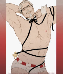 Rule 34 | &gt; o, 1boy, animal, bara, bird, black ribbon, blue eyes, bow, bowtie, briefs, chick, closed mouth, colonel sanders, facial hair, glasses, goatee, highres, i reibun, kfc, looking at viewer, male focus, male underwear, mature male, muscular, muscular male, mustache, navel, nipples, one eye closed, pectorals, ribbon, short hair, smile, topless male, underwear, white hair, white male underwear, wrist cuffs