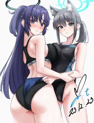 Rule 34 | 2girls, animal ear fluff, animal ears, ass, asymmetrical docking, black bra, black halo, black one-piece swimsuit, black panties, blue archive, blue buruma, blue eyes, bra, breast press, breasts, buruma, catfight, commentary request, commission, competition swimsuit, covered navel, cross hair ornament, extra ears, frontal wedgie, grey hair, hair ornament, halo, highres, looking at viewer, low ponytail, mechanical halo, medium breasts, medium hair, mismatched pupils, multicolored clothes, multicolored swimsuit, multiple girls, official alternate costume, one-piece swimsuit, panties, parted bangs, partial commentary, pixiv commission, purple eyes, purple hair, shiroko (blue archive), shiroko (swimsuit) (blue archive), sidelocks, simple background, sports bra, swimsuit, two side up, underwear, wedgie, white background, wolf ears, yoo tenchi, yuuka (blue archive)