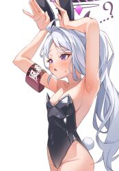 Rule 34 | ...?, 1girl, absurdres, ahoge, akgrn, armpits, black horns, black leotard, blue archive, blush, breasts, collarbone, covered navel, demon horns, detached collar, fake tail, grey hair, halo, highres, hina (blue archive), horns, leotard, long hair, multiple horns, open mouth, purple eyes, rabbit tail, simple background, small breasts, solo, strapless, strapless leotard, tail, white background