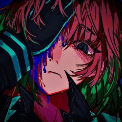 Rule 34 | 1girl, black coat, black gloves, black shirt, blood, blue blood, blush, coat, collared shirt, e.g.o (project moon), feng bang, freckles, gloves, green hair, highres, ishmael (project moon), limbus company, long sleeves, looking at viewer, multicolored hair, orange hair, portrait, project moon, shirt, solo, streaked hair