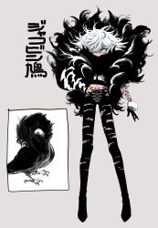 Rule 34 | 1other, absurdres, androgynous, animal, bird, black legwear, black nails, denim, feathers, fingernails, full body, fur, fur collar, fur trim, grey background, hair over eyes, hand on own hip, highres, jeans, looking at viewer, messy hair, nail polish, original, pants, personification, sharp fingernails, shima (wansyon144), solo, standing, talons, tattoo, torn clothes, torn legwear, white eyes, white hair, wrist cuffs