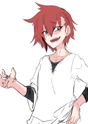 Rule 34 | 1boy, black eyes, collarbone, commentary request, hair between eyes, highres, kamen no hito, looking at viewer, male focus, open mouth, original, red hair, shirt, simple background, solo, teeth, tongue, upper body, white background