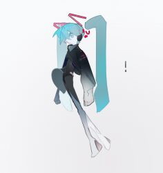 Rule 34 | !, 052 (saniiiwan), 1girl, absurdres, alternate costume, black bodysuit, black jacket, blue eyes, blue footwear, blue hair, bodysuit, boots, closed mouth, colored skin, cropped jacket, detached hair, expressionless, floating headgear, full body, gradient footwear, grey background, grey skin, hatsune miku, headgear, headphones, high heel boots, high heels, highres, jacket, long hair, looking ahead, simple background, sleeves past fingers, sleeves past wrists, solo, thigh boots, twintails, vocaloid