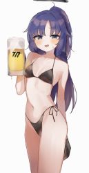 Rule 34 | 1girl, :d, alcohol, beer, beer mug, bikini, blue archive, blush, breasts, cup, epi zero, gloves, halo, highleg, highleg bikini, highres, long hair, looking at viewer, mug, navel, open mouth, parted bangs, ponytail, purple eyes, purple hair, side-tie bikini bottom, simple background, small breasts, smile, solo, sweat, swimsuit, white background, yuuka (blue archive)