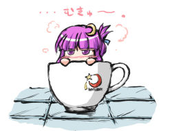 Rule 34 | 1girl, crescent, crescent hair ornament, cup, fechirin, female focus, hair ornament, in container, in cup, mini person, minigirl, mukyuu, patchouli knowledge, purple eyes, purple hair, solo, teacup, touhou