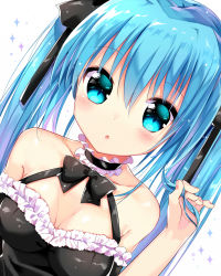 Rule 34 | 1girl, :o, bare shoulders, black bow, black bowtie, black ribbon, blue eyes, blue hair, blush, bow, bowtie, breasts, bustier, choker, cleavage, collarbone, detached sleeves, dutch angle, eyebrows, frilled choker, frills, hair between eyes, hair ribbon, hatsune miku, holding, holding hair, ikari (aor3507), long hair, looking at viewer, matching hair/eyes, medium breasts, ribbon, solo, twintails, upper body, vocaloid