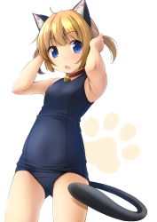 Rule 34 | 1girl, ahoge, animal ear fluff, animal ears, armpit crease, arms up, bare arms, bare shoulders, bell, blonde hair, blue eyes, blue one-piece swimsuit, blush, breasts, cat ears, cat girl, cat tail, collar, commentary request, fang, gluteal fold, hair between eyes, highres, jingle bell, looking at viewer, neck bell, old school swimsuit, one-piece swimsuit, open mouth, original, red collar, school swimsuit, shibacha, short hair, small breasts, solo, swimsuit, tail, twintails, white background