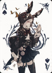 Rule 34 | 1girl, ace (playing card), ace of spades, alice in wonderland, animal ears, animal hood, black skirt, black thighhighs, book, bug, butterfly, capelet, card, card (medium), character name, garter straps, highres, holding, hood, insect, looking to the side, original, playing card, pleated skirt, pocket watch, profile, rabbit ears, red eyes, short hair, simple background, skirt, solo, spade (shape), standing, thighhighs, wanke, watch, white hair