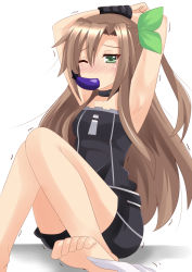 Rule 34 | 10s, 1girl, armpits, barefoot, bdsm, blush, bondage, bound, bow, brown hair, eggplant, feet, tickling feet, green eyes, hair bow, hair ornament, if (neptunia), long hair, looking at viewer, neptune (series), one eye closed, sexually suggestive, sitting, solo, tears, white background, yuriesu