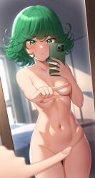 Rule 34 | 1girl, areola slip, blush, breasts, completely nude, covering crotch, covering nipples, covering privates, curly hair, full-length mirror, green eyes, green hair, highres, holding, holding phone, indoors, looking at viewer, meme, mirror, navel, no panties, nude, one-punch man, one finger selfie challenge (meme), petite, phone, selfie, small breasts, solo, tatsumaki, yisusjpl