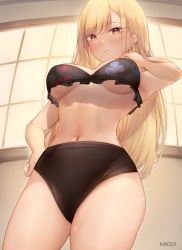Rule 34 | 1girl, armpits, artist name, black bra, blonde hair, blush, bra, breasts, closed mouth, commentary, ear piercing, earrings, english commentary, female focus, from below, highres, jewelry, kimoshi, kitagawa marin, large breasts, long hair, looking at viewer, mixed-language commentary, navel, piercing, red eyes, solo, sono bisque doll wa koi wo suru, standing, thighs, underboob, underwear
