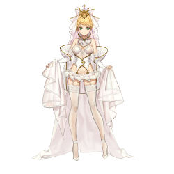 Rule 34 | 1girl, alternate costume, blonde hair, bride, corset, crown, detached sleeves, fate/grand order, fate (series), green eyes, hair intakes, high heels, highres, itoucon, legs apart, looking at viewer, miniskirt, nero claudius (fate), nero claudius (fate) (all), nero claudius (fate/extra), shoes, short hair, simple background, skirt, solo, strappy heels, thigh strap, thighhighs, thighs, veil, white background, white footwear, white skirt, white sleeves, white theme, white thighhighs