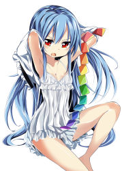 Rule 34 | 1girl, armpits, arms behind head, arms up, barefoot, blue hair, camisole, female focus, highres, hinanawi tenshi, jewelry, legs, long hair, maturiuta sorato, no headwear, pendant, red eyes, simple background, sitting, solo, touhou, undressing