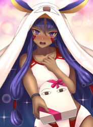 1girl animal_ears bare_shoulders blush box breasts chuppa_(katotsuba) collarbone dark-skinned_female dark_skin earrings facepaint facial_mark fate/grand_order fate_(series) gift gift_box hairband hoop_earrings jackal_ears jewelry long_hair looking_at_viewer medium_breasts medjed_(fate) necklace nitocris_(fate) nitocris_(fate/grand_order) nitocris_(swimsuit_assassin)_(fate) nitocris_(swimsuit_assassin)_(second_ascension)_(fate) one-piece_swimsuit open_mouth outstretched_arm purple_eyes purple_hair sidelocks solo swimsuit very_long_hair white_one-piece_swimsuit