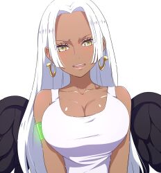 1girl aged_up black_wings blood breasts camui1104 cleavage commentary_request dark-skinned_female dark_skin dress earrings feathered_wings green_blood highres jewelry large_breasts long_hair looking_at_viewer one_piece open_mouth parted_bangs s-snake simple_background snake_earrings solo star-shaped_pupils star_(symbol) symbol-shaped_pupils white_background white_dress white_hair wings yellow_eyes