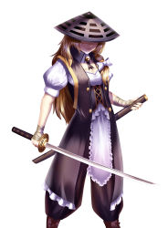 Rule 34 | 1girl, adapted costume, alternate costume, baggy pants, bandaged hand, black pants, blonde hair, blouse, boots, bow, braid, breasts, brooch, cleavage, coat, corset, covered face, cross-laced footwear, fingernails, hair bow, hair over shoulder, haryudanto, hat, hat over eyes, high collar, holding, holding sword, holding weapon, jewelry, katana, kirisame marisa, lace-up boots, lips, long hair, nose, open clothes, open coat, overcoat, pants, pelvic curtain, puffy short sleeves, puffy sleeves, samurai, scabbard, serious, sheath, shirt, short sleeves, side braid, simple background, single braid, sleeveless, sleeveless coat, small breasts, solo, standing, sword, touhou, unsheathed, very long hair, weapon, white background, white bow, white shirt, wrist wrap, yin yang