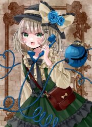 Rule 34 | 1girl, :d, adapted costume, arm at side, black bow, black hat, black ribbon, blunt bangs, blush, bow, brick wall, commentary, cowboy shot, day, eyelashes, frilled bow, frilled shirt collar, frilled skirt, frills, green eyes, green skirt, grey hair, hair ornament, hairclip, hand up, happy, hat, hat bow, heart, heart-shaped pupils, heart of string, high-waist skirt, holding, holding phone, huge bow, jaku sono, koishi day, komeiji koishi, looking at viewer, open mouth, outdoors, phone, ribbon, shirt, signature, skirt, smile, solo, suspender skirt, suspenders, symbol-shaped pupils, third eye, touhou, tsurime, x hair ornament, yellow bow, yellow shirt