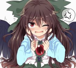 Rule 34 | 2girls, bad id, bad pixiv id, bird wings, black wings, blouse, blue sleeves, blush, bow, brown eyes, brown hair, buttons, center frills, chitose hachi, collared shirt, frilled sleeves, frills, green bow, green skirt, hair between eyes, hair bow, hands on another&#039;s cheeks, hands on another&#039;s face, komeiji satori, long hair, long sleeves, lower teeth only, multiple girls, one eye closed, open mouth, reiuji utsuho, shirt, simple background, skirt, solo focus, sweatdrop, teeth, third eye, touhou, white background, white shirt, wide sleeves, wings