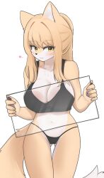 Rule 34 | 1girl, against glass, animal ear fluff, animal ears, animal hands, animal nose, black bra, black panties, blonde hair, blush, body fur, bra, breast press, breasts, breasts on glass, closed mouth, fox ears, fox girl, fox tail, furry, furry female, highres, jeifier (korfiorano01), large breasts, long hair, looking at viewer, navel, original, panties, pawpads, simple background, snout, solo, sports bra, tail, two-tone fur, underwear, white fur, yellow eyes, yellow fur