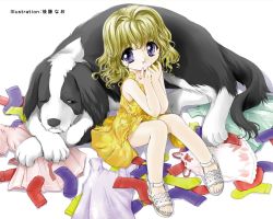 Rule 34 | 1girl, artist name, blonde hair, blue eyes, clothes on floor, curly hair, dog, gotou nao, original, sandals, short hair, solo, wallpaper