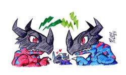 Rule 34 | claws, digimon, digimon (creature), greymon, greymon (blue), greymon (digimon xros wars), heart, horns, looking at another, red eyes, sharp teeth, teeth