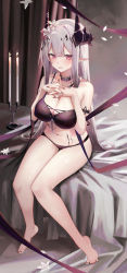Rule 34 | 1girl, absurdres, arknights, arm strap, bare legs, bare shoulders, barefoot, bed, bikini, black bikini, black choker, breasts, candle, candlestand, choker, cleavage, collarbone, covered erect nipples, embarrassed, expressionless, flower, flustered, full body, hair flower, hair ornament, hands up, highres, horns, interlocked fingers, large breasts, long hair, looking at viewer, material growth, mudrock (arknights), mudrock (silent night) (arknights), nail polish, navel, on bed, open mouth, oripathy lesion (arknights), own hands together, pointy ears, red eyes, ru zhai, sitting, solo, stomach, swimsuit, thighs, toenail polish, toenails, very long hair, white hair