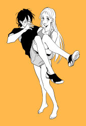 Rule 34 | 1boy, 1girl, ajiro shinpei, bare arms, bare legs, bare shoulders, barefoot, blush, carrying, chinese commentary, closed eyes, commentary request, covered mouth, full body, greyscale with colored background, hair between eyes, highres, jewelry, kanngetsuan, kofune ushio, long hair, looking at viewer, mixed-language commentary, monochrome, necklace, one-piece swimsuit, open mouth, orange background, princess carry, shirt, shoes, short hair, short sleeves, shorts, simple background, smile, standing, summertime render, swimsuit, very long hair