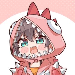 Rule 34 | 1girl, :d, animal hood, blue eyes, blush stickers, brown hair, camisole, chibi, commentary, dragon hood, english commentary, hair between eyes, highres, hololive, hood, kukie-nyan, looking at viewer, natsuiro matsuri, natsuiro matsuri (gaming casual), official alternate costume, open mouth, smile, solo, upper body, v-shaped eyebrows, virtual youtuber, yellow camisole