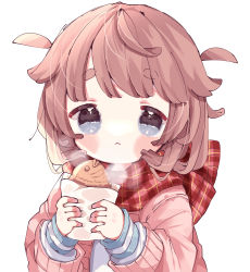 Rule 34 | 1girl, :&lt;, blue eyes, blush, commentary request, food, highres, holding, holding food, jacket, looking at viewer, medium hair, open clothes, open jacket, original, pink jacket, plaid, plaid scarf, red scarf, scarf, shirt, simple background, solo, thick eyebrows, upa papa co, upper body, white background, white shirt