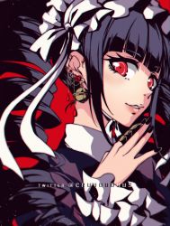 Rule 34 | 1girl, artist name, black hair, black thighhighs, blunt bangs, blush, bonnet, card, celestia ludenberg, claw ring, criis-chan, danganronpa: trigger happy havoc, danganronpa (series), drill hair, ear piercing, earrings, frills, from side, gothic lolita, hand up, jewelry, lolita fashion, long hair, long sleeves, looking at viewer, nail polish, necktie, parted lips, piercing, red background, red eyes, revision, smile, solo, teeth, thighhighs, twin drills, twintails, upper body