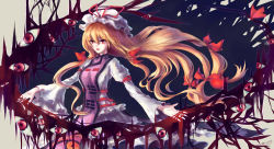 Rule 34 | 1girl, alternate eye color, armband, artist name, blonde hair, blood, bow, breasts, dress, frilled dress, frills, gap (touhou), gradient eyes, hair between eyes, hair bow, hands up, hat, hat ribbon, highres, light, lips, long sleeves, looking at viewer, medium breasts, mob cap, multicolored eyes, open mouth, outstretched hand, pink lips, purple eyes, red eyes, ribbon, slit pupils, solo, tabard, touhou, white dress, yakumo yukari, zixes