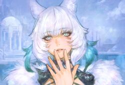 Rule 34 | 1girl, animal ears, black choker, blue eyes, cat ears, choker, feather hair ornament, feathers, final fantasy, final fantasy xiv, fur trim, hair ornament, hand on own face, hand up, highres, kin mokusei, looking at viewer, miqo&#039;te, outdoors, portrait, short hair, slit pupils, solo, white hair, y&#039;shtola rhul