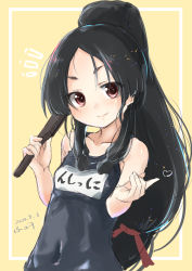 Rule 34 | 1girl, ^^^, black hair, black one-piece swimsuit, commentary request, folding fan, fyuo, hand fan, high ponytail, highres, kantai collection, long hair, looking at viewer, name tag, nisshin (kancolle), one-hour drawing challenge, one-piece swimsuit, red eyes, school swimsuit, solo, swimsuit, upper body, very long hair, yellow background