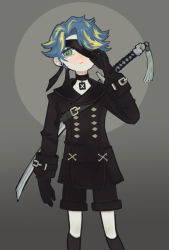 Rule 34 | 1boy, 9s (nier:automata) (cosplay), astel leda, black choker, black jacket, black shorts, blonde hair, blue hair, blush, chiyo (chiyoponnn), choker, cosplay, earrings, eyepatch, green eyes, grey background, holostars, holstered, jacket, jewelry, male focus, multicolored hair, nier:automata, nier (series), nose blush, one eye covered, parted hair, parted lips, shorts, single earring, solo, streaked hair, sword, virtual youtuber, weapon, 9s (nier:automata)
