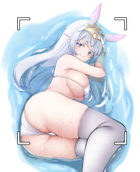 Rule 34 | 1girl, animal ears, ass, bare arms, bare shoulders, benedia, bikini, breasts, closed mouth, feet out of frame, fins, hands up, head fins, headdress, highres, large breasts, long hair, looking at viewer, lying, on side, purple eyes, rabbit ears, sideboob, skindentation, smile, solo, string bikini, swimsuit, thighhighs, thighs, vanguard (warship girls r), viewfinder, warship girls r, water, wet, white bikini, white hair, white thighhighs