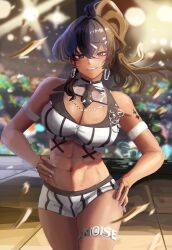Rule 34 | 1girl, abs, absurdres, black hair, black necktie, breasts, cleavage, confetti, crop top, dark-skinned female, dark skin, earrings, goddess of victory: nikke, hands on own hips, highres, indoors, jewelry, large breasts, long hair, navel, necktie, noise (classic diva) (nikke), noise (nikke), ponytail, purple eyes, s3t, short shorts, shorts, smile, solo, standing, thigh strap