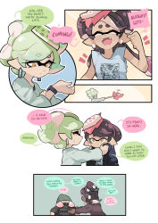 Rule 34 | + +, 4girls, alternate hairstyle, black jacket, blue shirt, brown eyes, callie (splatoon), casual, closed eyes, comic, commentary, cousins, dark-skinned female, dark skin, dressing another, earrings, english commentary, english text, fangs, food, food on head, gomipomi, gradient hair, green hair, grey hair, grey sweater, hair up, highres, inkling, jacket, jewelry, long hair, long sleeves, looking at another, marie (splatoon), marina (splatoon), mask, mole, mole under eye, multicolored hair, multiple girls, nintendo, notice lines, object on head, octoling, open mouth, outside border, pearl (splatoon), pink hair, pointy ears, purple hair, shirt, short hair, sleeveless, sleeveless shirt, smile, squid, suction cups, sweatdrop, sweater, tentacle hair, watch, wristwatch