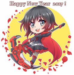 Rule 34 | 1girl, cape, chibi, commentary, crescent rose, english text, full body, happy new year, iesupa, new year, pantyhose, petals, ruby rose, rwby, rwby chibi, solo