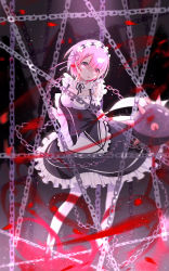 Rule 34 | 10s, 1girl, apron, ball and chain (weapon), black footwear, bleeding, blood, blood from mouth, blood on clothes, blood on face, bob cut, breasts, chain, cleavage, collar, crying, crying with eyes open, detached collar, detached sleeves, flail, frilled apron, frilled collar, frilled shirt collar, frilled skirt, frilled sleeves, frills, full body, hair ornament, hair ribbon, highres, holding, holding weapon, horns, injury, looking at viewer, maid, maid apron, maid headdress, medium breasts, morning star, neck ribbon, pink eyes, pink hair, ram (re:zero), re:zero kara hajimeru isekai seikatsu, ribbon, sayo (yunshang97), shoes, short hair, single horn, skirt, solo, spiked ball and chain, standing, tears, weapon, white legwear, wide sleeves, x hair ornament