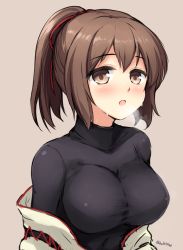 Rule 34 | 10s, 1girl, :o, blush, breasts, breath, brown background, brown eyes, brown hair, cleavage, don (29219), female focus, hair ribbon, ise (kancolle), japanese clothes, kantai collection, large breasts, looking at viewer, nontraditional miko, off shoulder, ponytail, red ribbon, ribbon, simple background, sketch, skin tight, solo, sweat, turtleneck, twitter username, undershirt, upper body