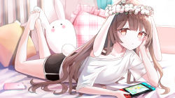 Rule 34 | 1girl, :o, animal ears, bad id, bad pixiv id, bare shoulders, barefoot, bed sheet, black shorts, blush, brown eyes, brown hair, cellphone, collarbone, day, flower, flower wreath, frilled pillow, frills, full body, head wreath, highres, holding, indoors, iren lovel, legs up, long hair, looking at viewer, lying, md5 mismatch, nintendo switch, off shoulder, on stomach, original, parted lips, phone, pillow, plaid, rabbit ears, rabbit girl, rabbit tail, resolution mismatch, revision, shirt, short shorts, short sleeves, shorts, soles, solo, source smaller, stuffed animal, stuffed rabbit, stuffed toy, sunlight, tail, very long hair, white flower, white shirt, window